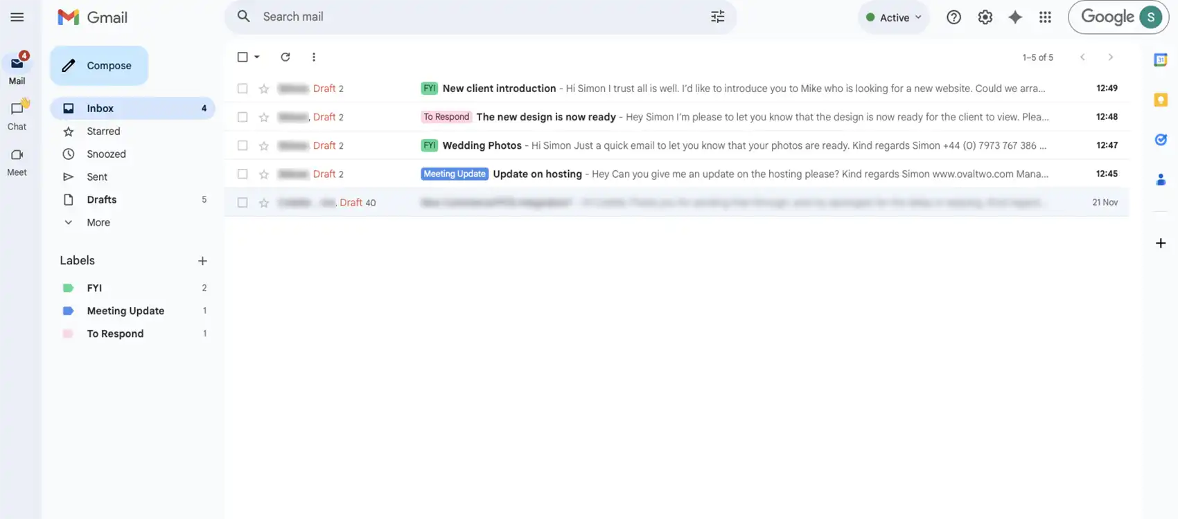 A Neatly Organised Email Inbox With Labels And Drafts